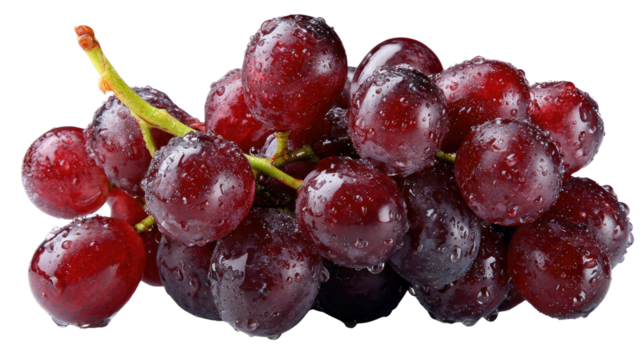 Juicy Red Grapes: Close-up of a cluster of succulent red grapes, each bead glistening with water droplets, showcasing the refreshing natural beauty of the fruit.