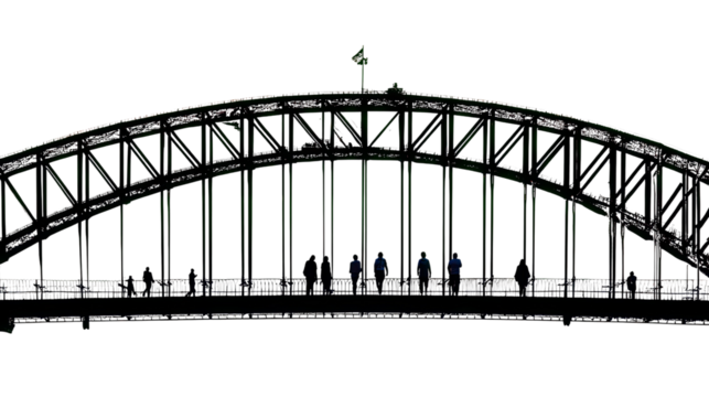 Architectural Silhouette: A breathtaking silhouette of a steel arch bridge. Witness individuals strolling along the span, their forms outlined against the bright background