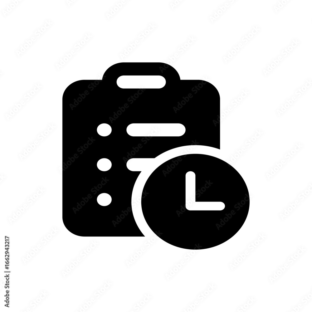 Aufkleber black clipboard with list items and a clock icon indicating time management or deadline approaching 