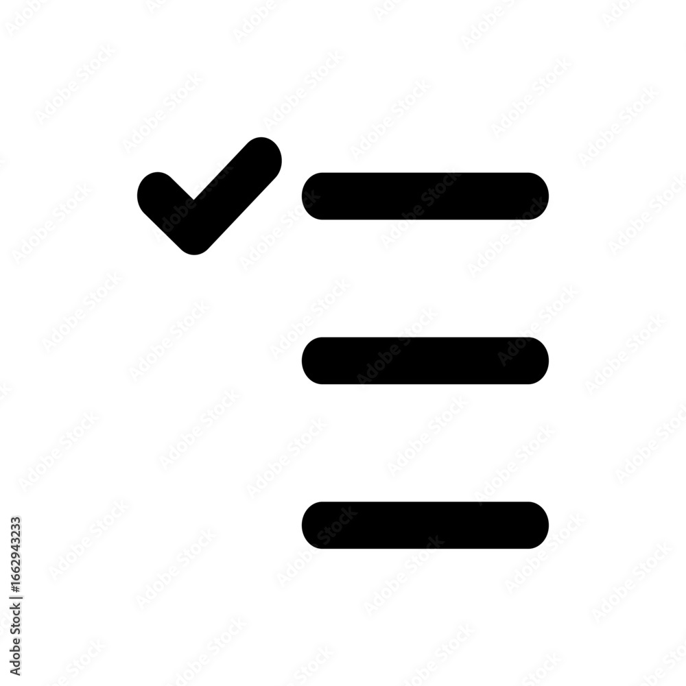 Poster black check mark icon next to three horizontal bars representing a task list on a white background i
