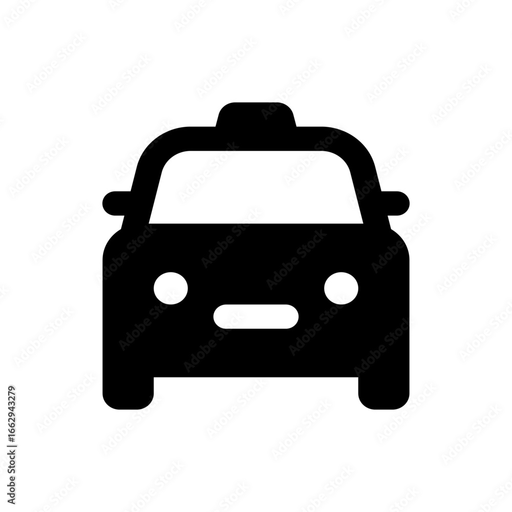 Poster front view of a black taxi cab icon with rounded features and simple design, isolated on a white bac