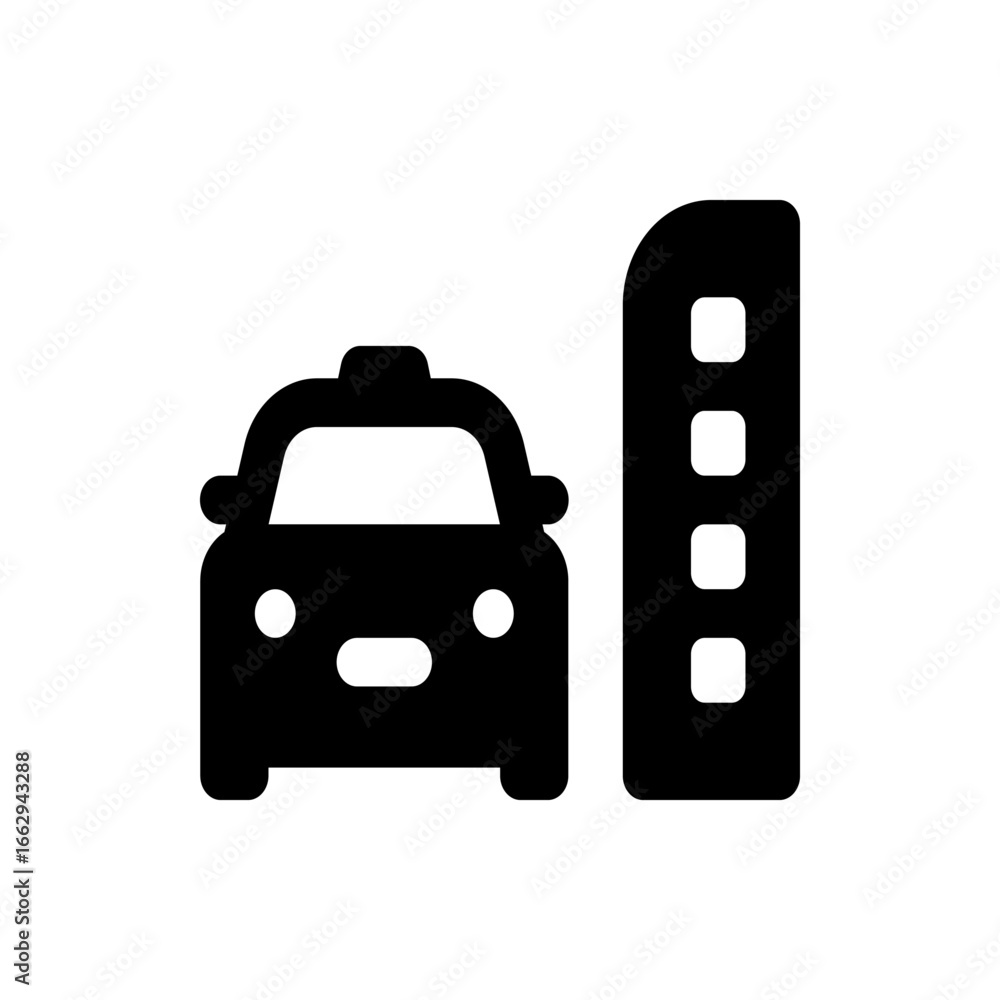 Poster a simple black and white icon depicting a taxi cab next to a building with three windows or openings