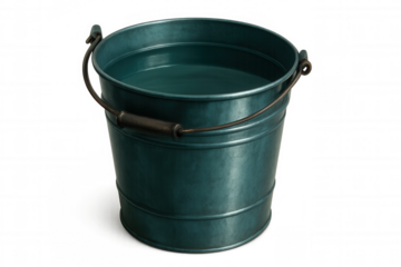 Green metal bucket holding water, transparent backdrop highlighting utility for cleaning, gardening, liquid storage applications