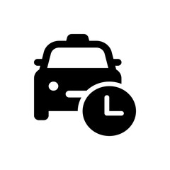Illustration of a black taxi icon with a clock symbol indicating time or scheduling for transportation services