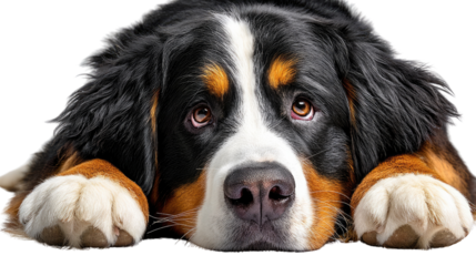 Bernese Mountain Dog Close-up: A gentle giant, a Bernese Mountain Dog, with its signature tricolor coat, looks into the camera with a soulful gaze.