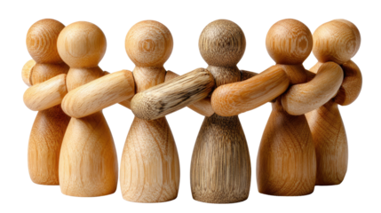 United Community: A harmonious gathering of wooden figures, united in an embrace that speaks of solidarity and belonging. This evocative image captures the essence of connection and shared identity.