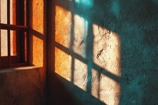 Sunlight casts shadows through a window on a textured wall