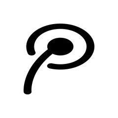 Illustration of a stylized black p shape with a circle and curved line on a white background design