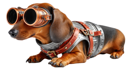 Steampunk Dog: A whimsical dachshund, embodying the spirit of steampunk with goggles and gear, captivates the viewer's imagination, poised and ready for adventure.