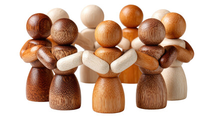 Harmony Through Diversity: An emblem of unity, where wooden figurines of varying shades intertwine, exemplifying a community embraced by acceptance, symbolizing the beauty and strength of inclusivity.