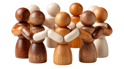 Harmony Through Diversity: An emblem of unity, where wooden figurines of varying shades intertwine, exemplifying a community embraced by acceptance, symbolizing the beauty and strength of inclusivity.