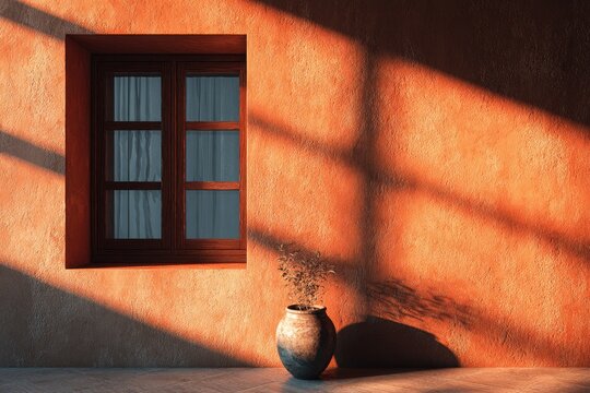 Sun-drenched terracotta wall with window