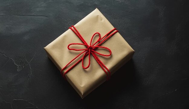 Crafted gift box wrapped in brown paper tied with vibrant red string bow. Rustic, elegant package design suitable for any special occasion