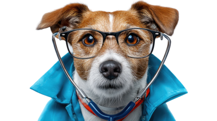 Smart Canine Doctor: A charming canine, sporting spectacles and a stethoscope, embodies the role of a caring, intelligent doctor, with a friendly, approachable demeanor. 