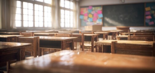 The Empty Classroom Bathed in Warm Morning Light and Wooden Desks