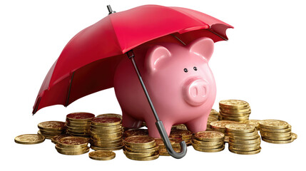 Financial Shield: A pink piggy bank sheltered by a red umbrella, nestled among piles of gleaming golden coins, symbolizing wealth security, and the protection of finances.