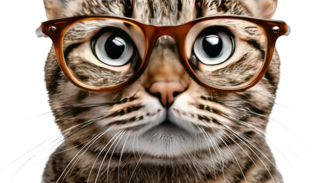 Smart Cat with Glasses: A close-up shot of a tabby cat wearing stylish eyeglasses, exuding intelligence and charm, is the focal point. The cat's expressive eyes and the glasses create an irresistible.
