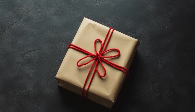 Crafted gift box wrapped in brown paper tied with vibrant red string bow. Rustic, elegant package design suitable for any special occasion