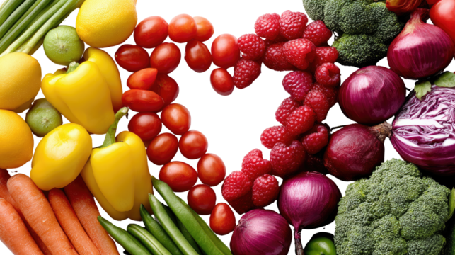 Colorful Heart of Health: A vibrant array of fresh, colorful produce artfully arranged in the shape of a heart, celebrating the beauty and vitality of nutritious eating and a healthy lifestyle. 