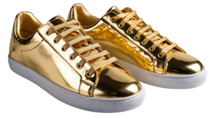 Golden Sneakers: A striking pair of golden sneakers, showcasing a dazzling, reflective surface and elegant design, offering a bold statement of style.