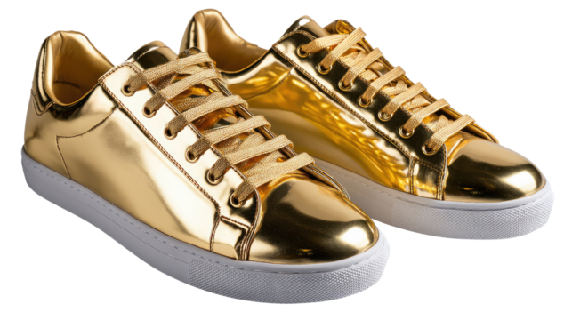 Golden Sneakers: A striking pair of golden sneakers, showcasing a dazzling, reflective surface and elegant design, offering a bold statement of style.
