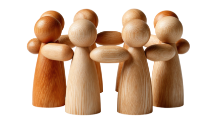 Wooden Figures Embrace: A circle of simple, charming wooden figures standing together, conveying unity, support, and a touch of gentle serenity.