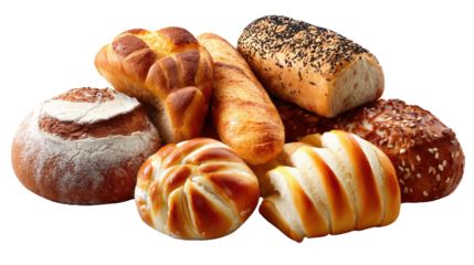 Artisan Bread Selection: An assortment of freshly baked artisanal bread varieties artfully arranged, offering a visual feast of textures and shapes, promising a delightful culinary experience.