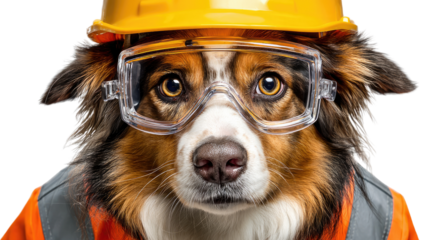Dog as a Construction Worker: A canine dressed in a bright safety vest, goggles, and a hard hat, posing with a determined expression, symbolizing diligence and commitment.