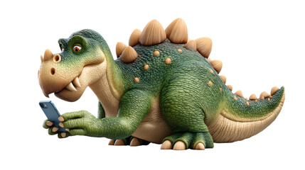 Dinosaur Texting on Phone: A jovial dinosaur, rendered in a modern 3D style, is engrossed in a text message, clutching a sleek mobile phone