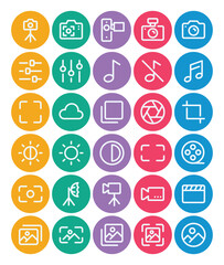 Circle color outline icons set for Audio photography