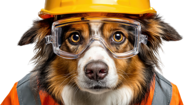 Dog as a Construction Worker: A canine dressed in a bright safety vest, goggles, and a hard hat, posing with a determined expression, symbolizing diligence and commitment.