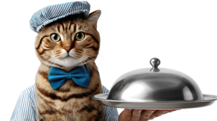 Cat Waiter: A charming cat, dressed as a waiter, serves a meal with a silver platter and a cloche, showcasing a unique blend of whimsy and hospitality.
