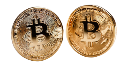 Digital Currency: Two gold Bitcoin coins. Reflecting on the future of cryptocurrency, these gleaming Bitcoin symbols offer a modern take on finance and investment.