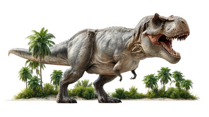 Fototapeta premium Tyrannosaurus Rex in Habitat: A colossal Tyrannosaurus Rex strides majestically across its prehistoric domain, amidst verdant foliage and palm trees.