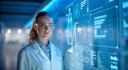Female Scientist Working on Medical Research Project in a High Tech Laboratory with Advanced Data Visualization Screens and Futuristic Design Elements