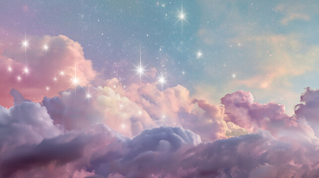 A dreamy scene of clouds drifting across a pastel sky backdrop, with soft sparkling highlights creating a serene, magical atmosphere.