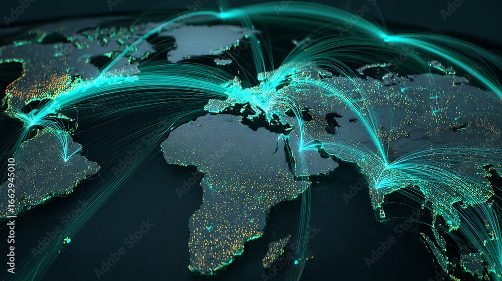 Poster global network connection world map with glowing lines representing data transfer and communication 