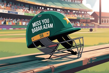Cricket helmet dedicated to Babar Azam with the message 'Miss You' during a match in a vibrant stadium, a tribute to a sports legend