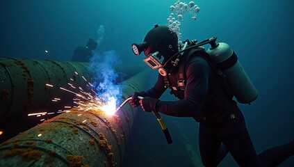 Professional deep-sea diver performing underwater welding and maintenance on an industrial pipeline in the dark ocean depths