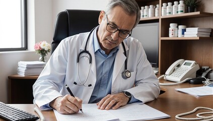 Mature male doctor in a white coat writing a prescription for a patient at his desk in a modern clinic office