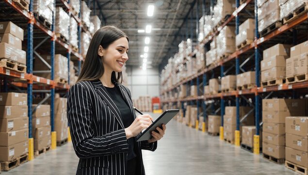 Smiling female manager checking stock and managing supply chain operations with a digital tablet in a large distribution warehouse