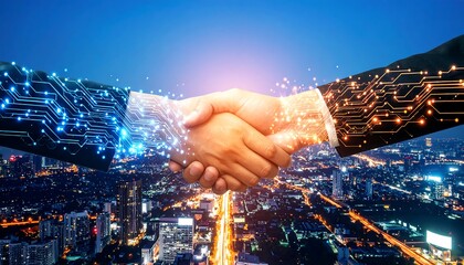 Business handshake over cityscape, digital overlay
