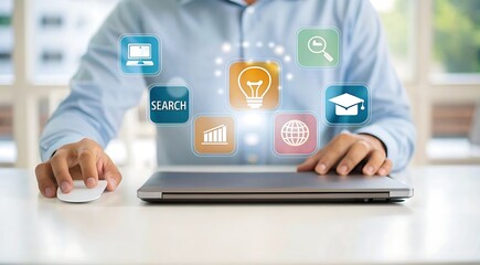 Man Using Laptop with App Icons for Education Business and Technology Applications Representing Innovative Digital Transformation and Online Learning