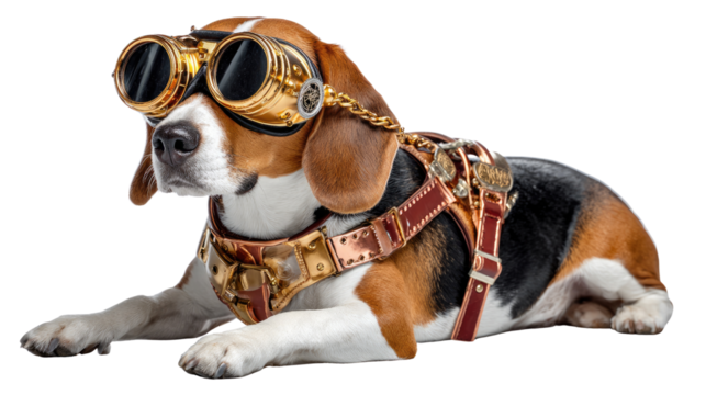 Steampunk Beagle: A whimsical beagle, decked out in intricate steampunk goggles and gear, embodies the spirit of adventure and technological ingenuity in a playful pose.