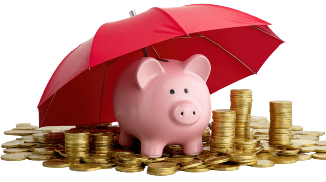 Savings and Protection: A pink piggy bank stands proudly beneath a red umbrella, surrounded by stacks of gold coins.