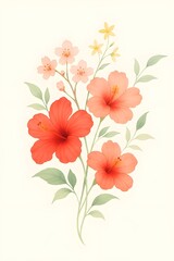 Fototapeta premium Watercolor illustration of red hibiscus flowers with delicate small blossoms and green leaves. Elegant botanical artwork perfect for greeting cards, wedding invitations, posters, fabric prints,