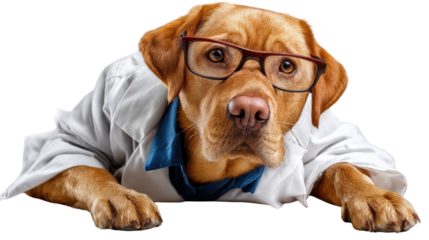 The Smartest Dog: A golden retriever, donning glasses and a lab coat, poses as a scientist, embodying intelligence and humor.