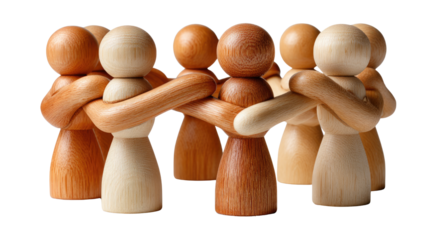 Connected in Unity: A circle of wooden figurines, their arms intertwined in a gesture of solidarity and connection, symbolizing teamwork and collaboration