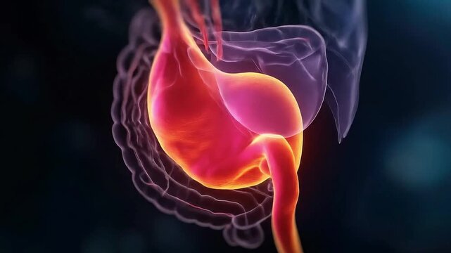 Animated translucent image of a human stomach esophagus  intestines on a dark background