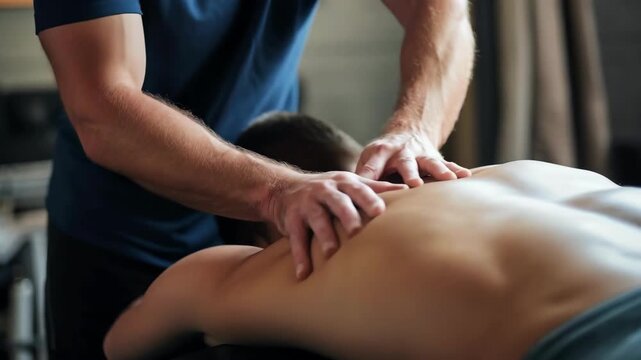 Close-up video of a massage session, capturing a therapist's hands on a client's back. The angle highlights relaxation and therapeutic touch.